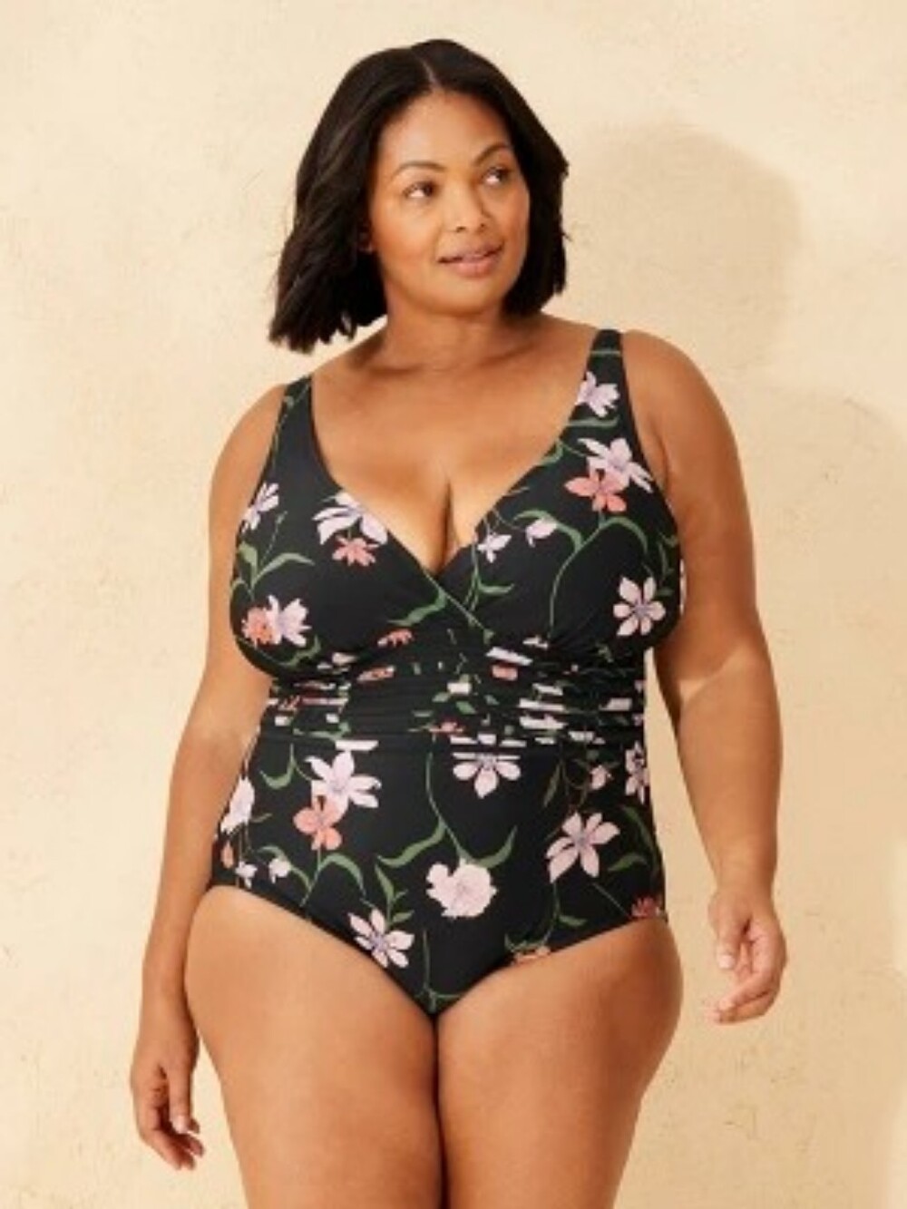 Shade & Shore Black Floral One-Piece with Pink and Peach Blooms